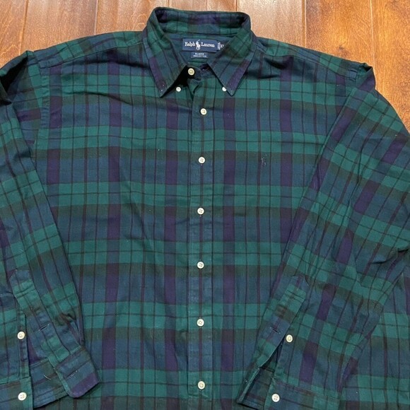 Polo Ralph Lauren Vintage 90s Plaid Flannel Navy Green Button Down Men's XL - Picture 2 of 7